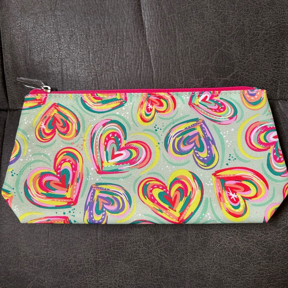 NEW Clinique Multicolor Heart Cosmetic Bag Travel Green Pink Purple Yellow